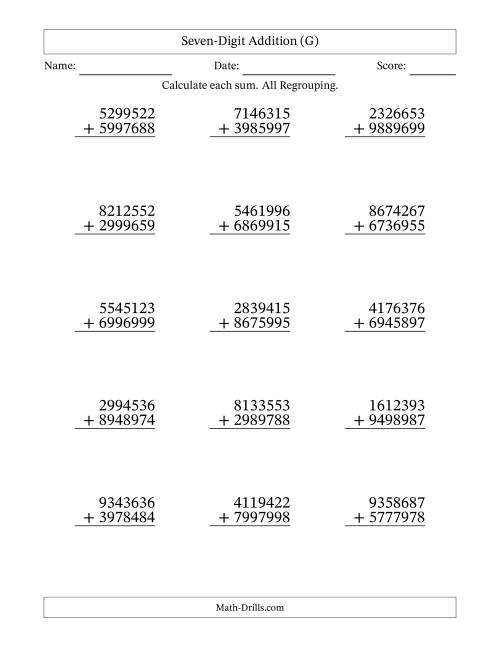 The Seven-Digit Addition With All Regrouping – 15 Questions (G) Math Worksheet
