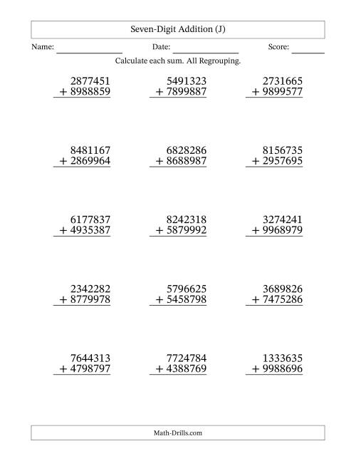 The 7-Digit Plus 7-Digit Addtion with ALL Regrouping (J) Math Worksheet