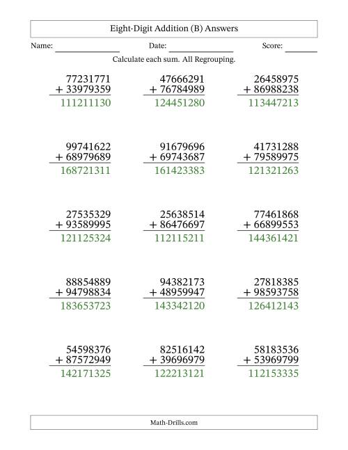 The 8-Digit Plus 8-Digit Addtion with ALL Regrouping (B) Math Worksheet Page 2