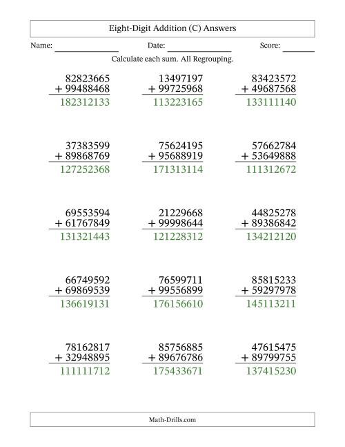 The Eight-Digit Addition With All Regrouping – 15 Questions (C) Math Worksheet Page 2