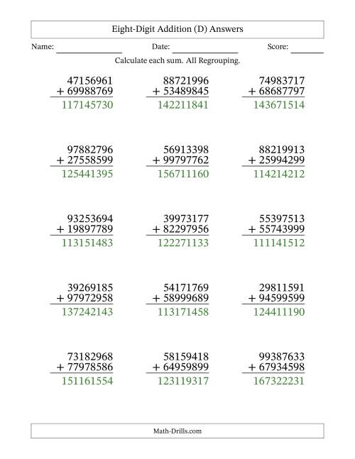 The Eight-Digit Addition With All Regrouping – 15 Questions (D) Math Worksheet Page 2