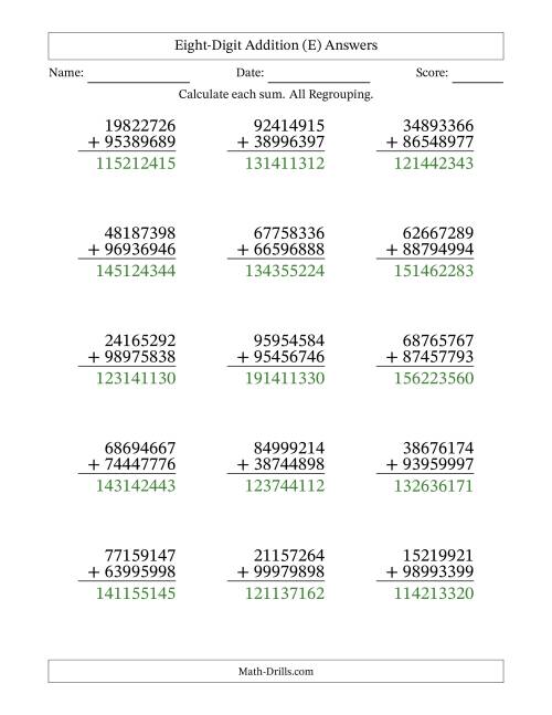 The 8-Digit Plus 8-Digit Addtion with ALL Regrouping (E) Math Worksheet Page 2