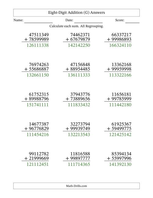 The 8-Digit Plus 8-Digit Addtion with ALL Regrouping (G) Math Worksheet Page 2