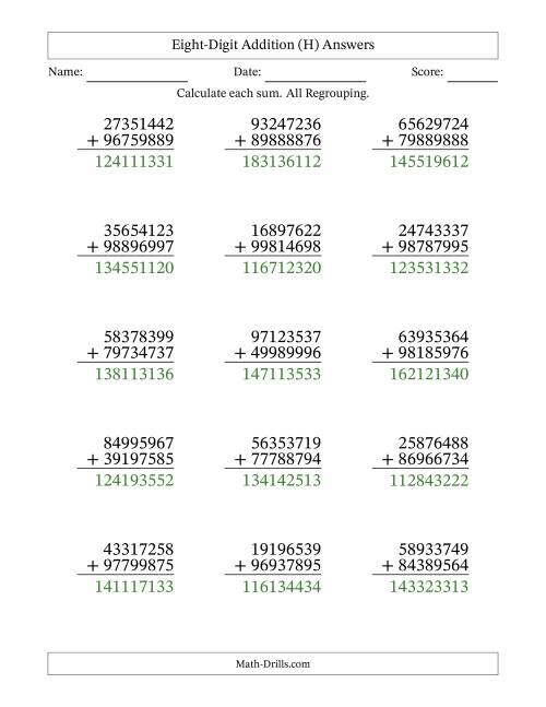 The 8-Digit Plus 8-Digit Addtion with ALL Regrouping (H) Math Worksheet Page 2