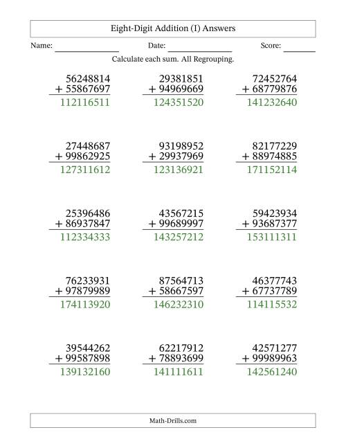 The 8-Digit Plus 8-Digit Addtion with ALL Regrouping (I) Math Worksheet Page 2