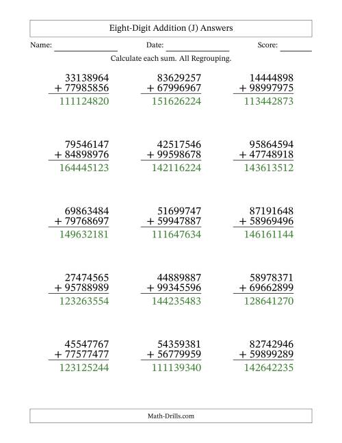 The Eight-Digit Addition With All Regrouping – 15 Questions (J) Math Worksheet Page 2