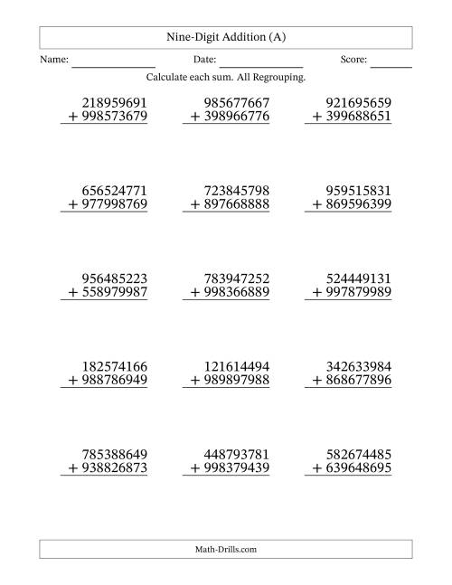 The Nine-Digit Addition With All Regrouping – 15 Questions (A) Math Worksheet