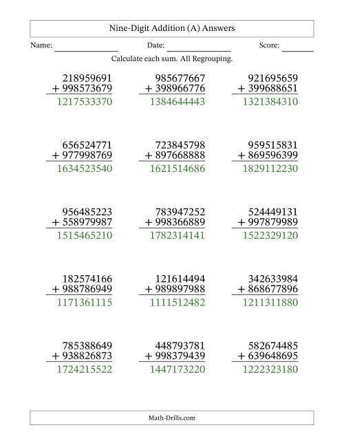 The 9-Digit Plus 9-Digit Addtion with ALL Regrouping (A) Math Worksheet Page 2