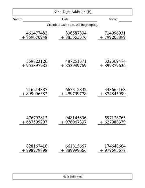 The Nine-Digit Addition With All Regrouping – 15 Questions (B) Math Worksheet