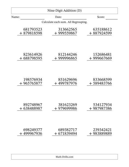 The Nine-Digit Addition With All Regrouping – 15 Questions (D) Math Worksheet