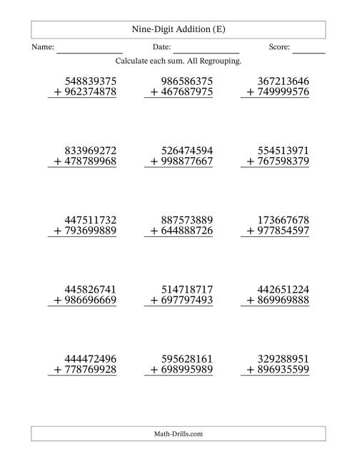 The Nine-Digit Addition With All Regrouping – 15 Questions (E) Math Worksheet