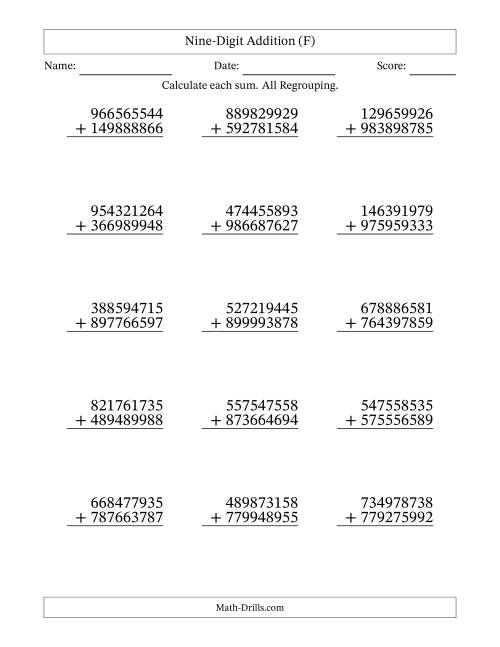 The Nine-Digit Addition With All Regrouping – 15 Questions (F) Math Worksheet