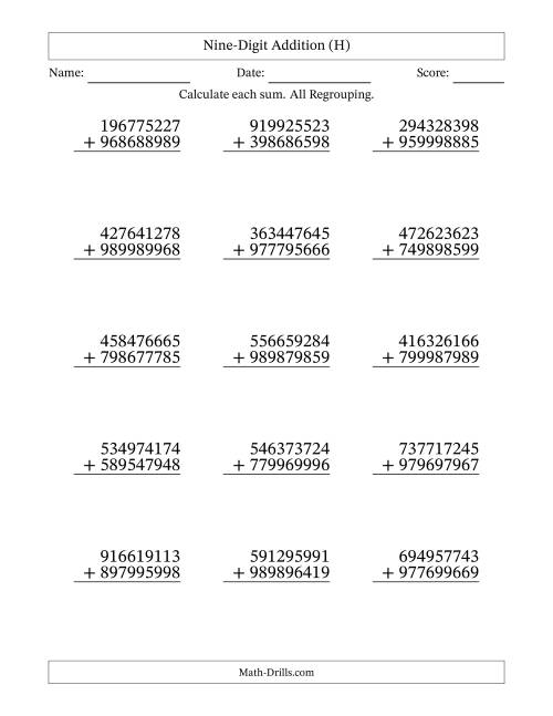 The Nine-Digit Addition With All Regrouping – 15 Questions (H) Math Worksheet