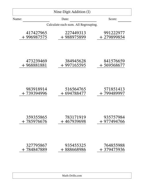 The Nine-Digit Addition With All Regrouping – 15 Questions (I) Math Worksheet