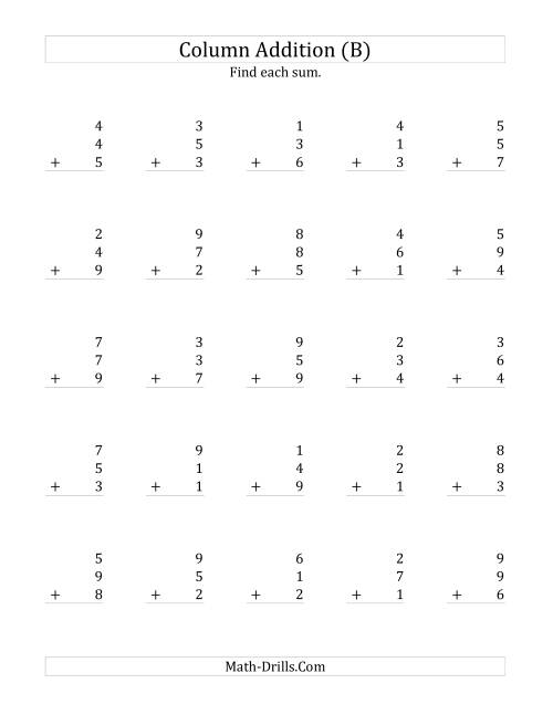 The Adding Three One-Digit Numbers (B) Math Worksheet
