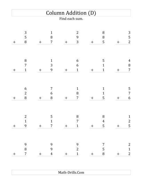 The Adding Three One-Digit Numbers (D) Math Worksheet