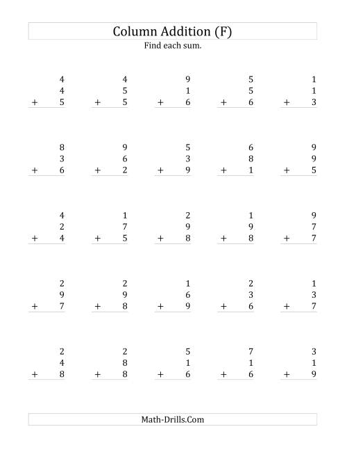 The Adding Three One-Digit Numbers (F) Math Worksheet