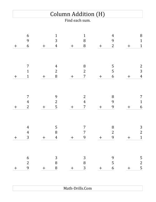 The Adding Three One-Digit Numbers (H) Math Worksheet