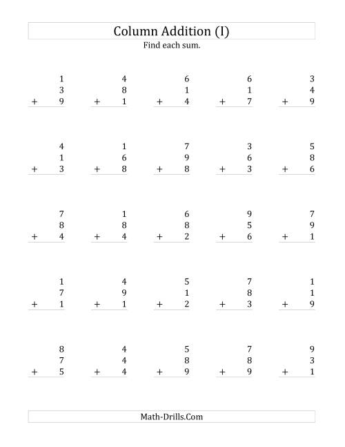The Adding Three One-Digit Numbers (I) Math Worksheet