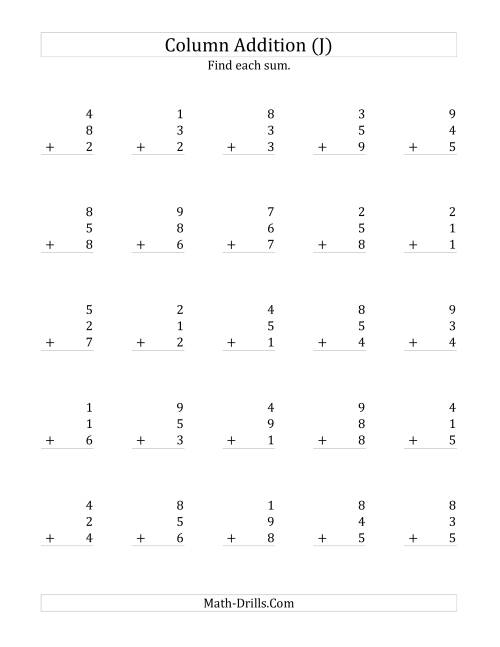 The Adding Three One-Digit Numbers (J) Math Worksheet