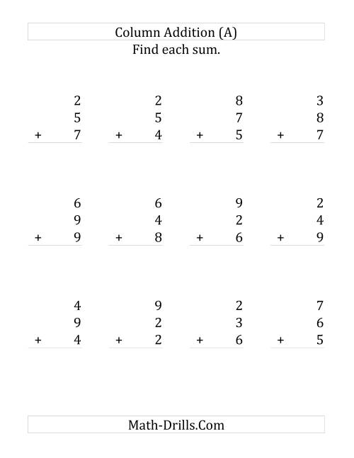 The Adding Three One-Digit Numbers (Large Print) Math Worksheet