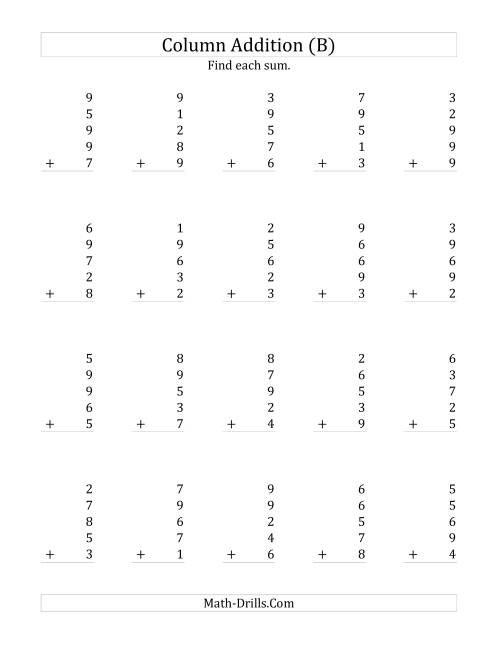 The Adding Five One-Digit Numbers (B) Math Worksheet