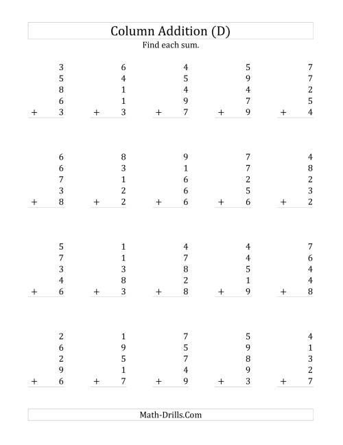 The Adding Five One-Digit Numbers (D) Math Worksheet