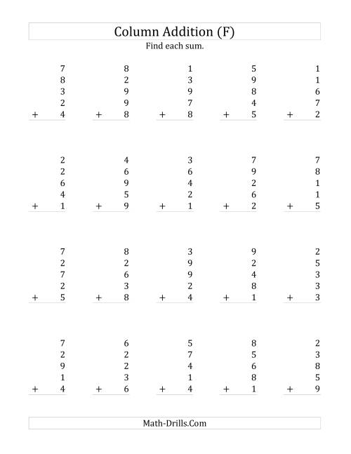 The Adding Five One-Digit Numbers (F) Math Worksheet