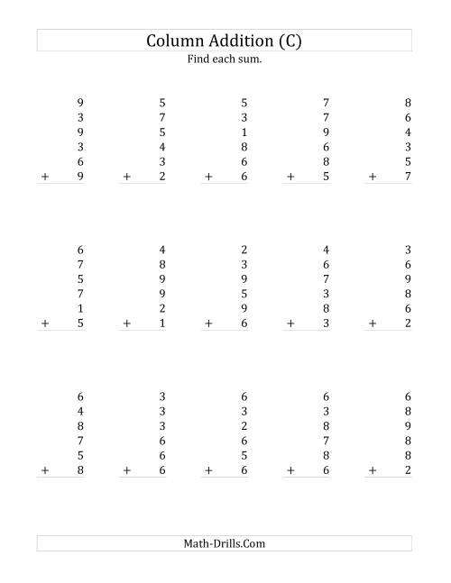 The Adding Six One-Digit Numbers (C) Math Worksheet