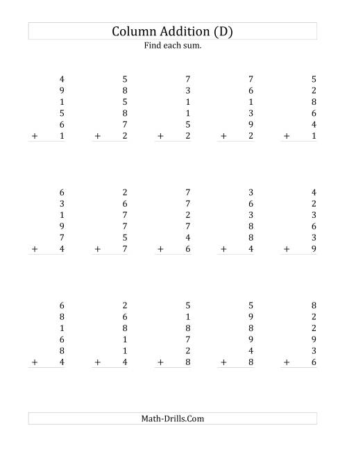 The Adding Six One-Digit Numbers (D) Math Worksheet