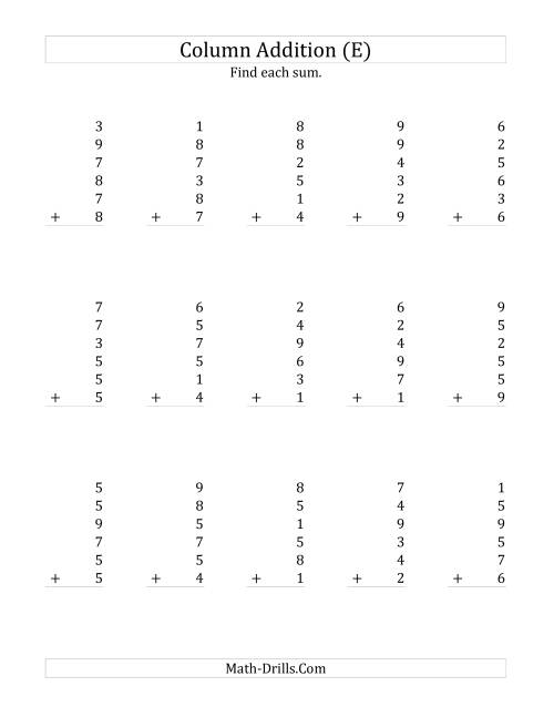 The Adding Six One-Digit Numbers (E) Math Worksheet