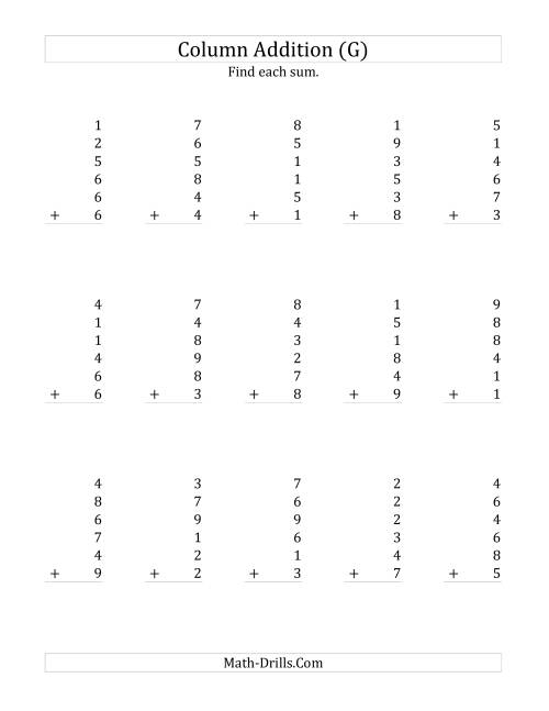 The Adding Six One-Digit Numbers (G) Math Worksheet