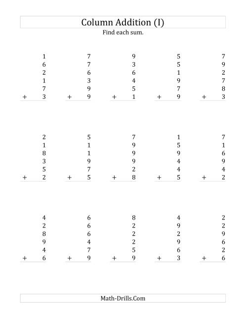 The Adding Six One-Digit Numbers (I) Math Worksheet