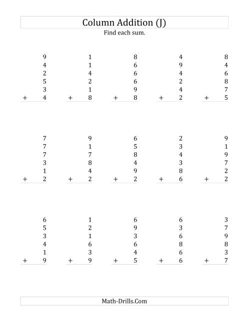The Adding Six One-Digit Numbers (J) Math Worksheet
