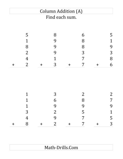 The Adding Six One-Digit Numbers (Large Print) Math Worksheet