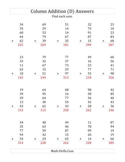 The Adding Five Two-Digit Numbers (D) Math Worksheet Page 2
