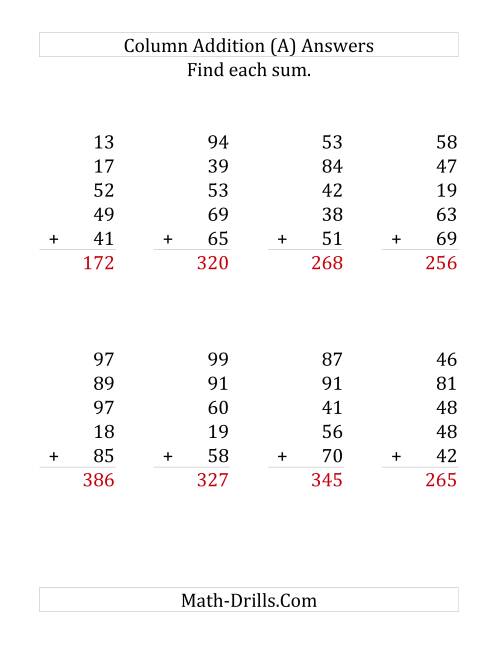 The Adding Five Two-Digit Numbers (Large Print) Math Worksheet Page 2
