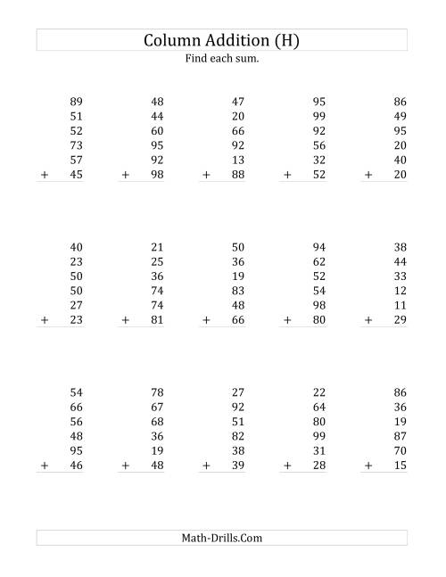 The Adding Six Two-Digit Numbers (H) Math Worksheet