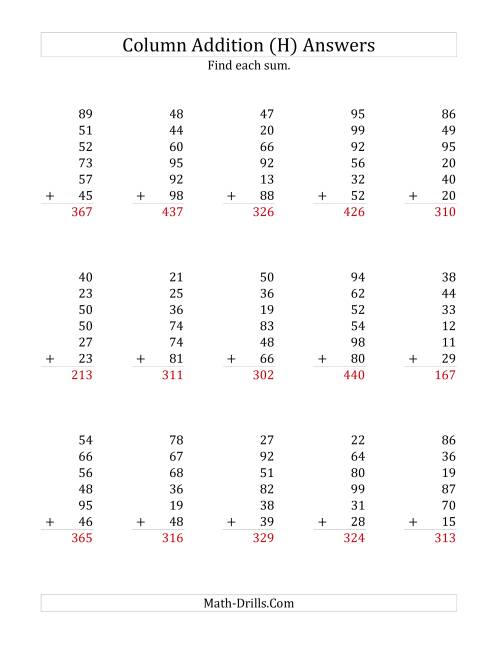 The Adding Six Two-Digit Numbers (H) Math Worksheet Page 2