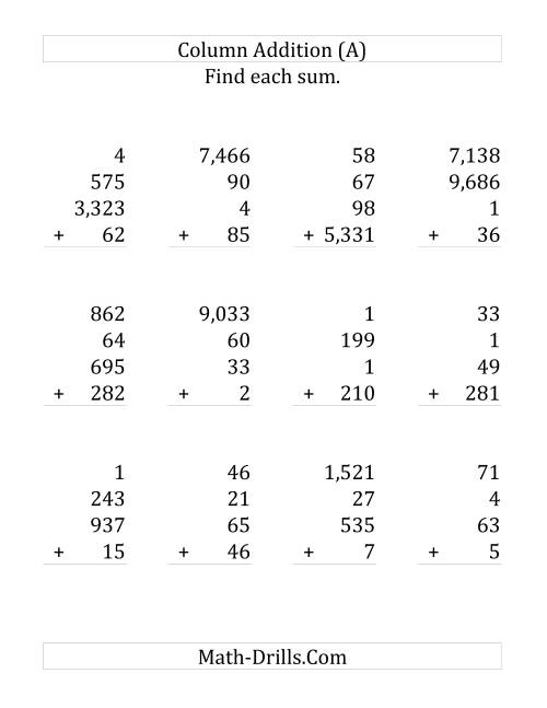 The Adding Four Various-Digit Numbers (Large Print) Math Worksheet