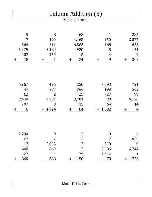 The Adding Six Various-Digit Numbers (B) Math Worksheet
