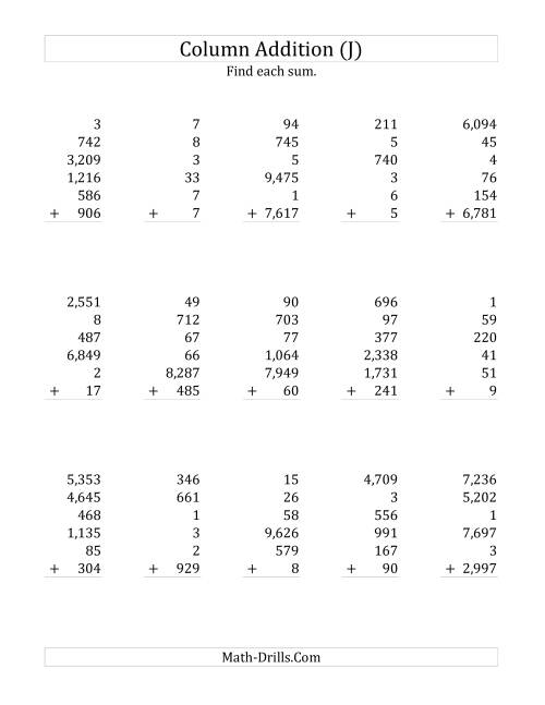 The Adding Six Various-Digit Numbers (J) Math Worksheet