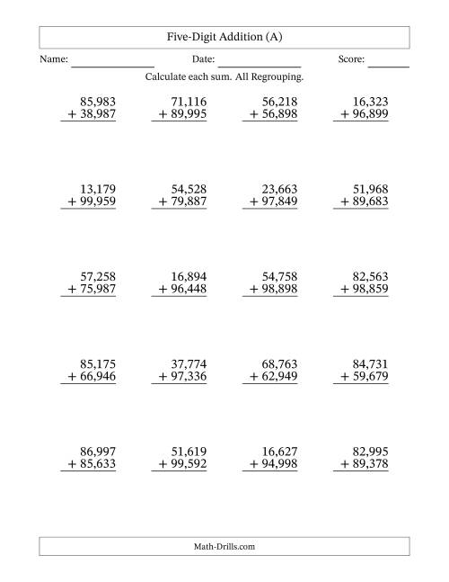 The Five-Digit Addition With All Regrouping – 20 Questions – Comma Separated Thousands (A) Math Worksheet