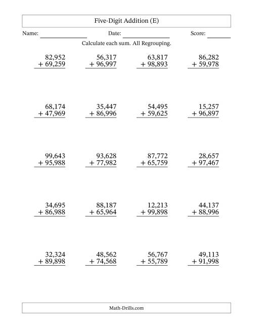 The 5-Digit Plus 5-Digit Addtion with ALL Regrouping and Comma-Separated Thousands (E) Math Worksheet