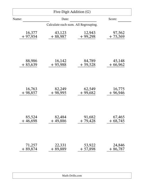 The 5-Digit Plus 5-Digit Addtion with ALL Regrouping and Comma-Separated Thousands (G) Math Worksheet