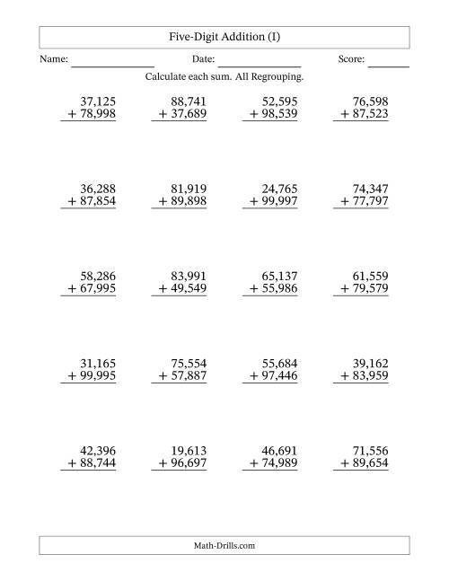 The 5-Digit Plus 5-Digit Addtion with ALL Regrouping and Comma-Separated Thousands (I) Math Worksheet