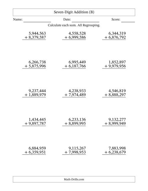 The 7-Digit Plus 7-Digit Addtion with ALL Regrouping and Comma-Separated Thousands (B) Math Worksheet