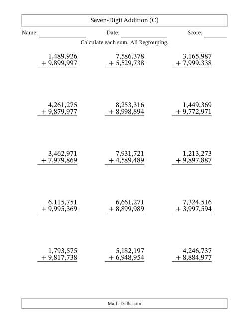 The Seven-Digit Addition With All Regrouping – 15 Questions – Comma Separated Thousands (C) Math Worksheet