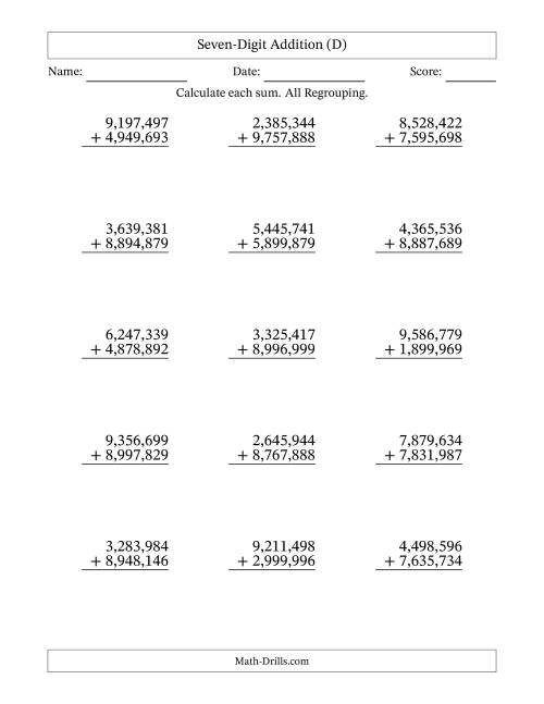 The Seven-Digit Addition With All Regrouping – 15 Questions – Comma Separated Thousands (D) Math Worksheet