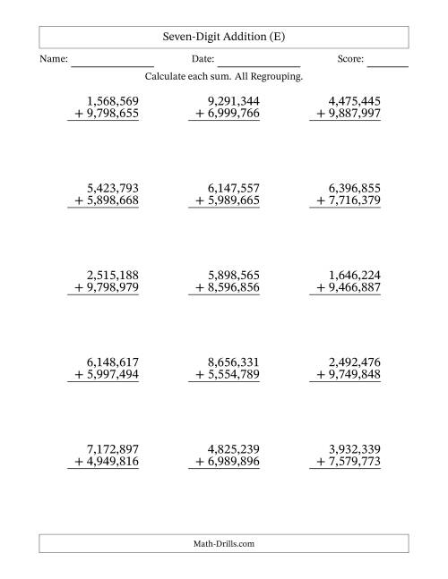 The Seven-Digit Addition With All Regrouping – 15 Questions – Comma Separated Thousands (E) Math Worksheet